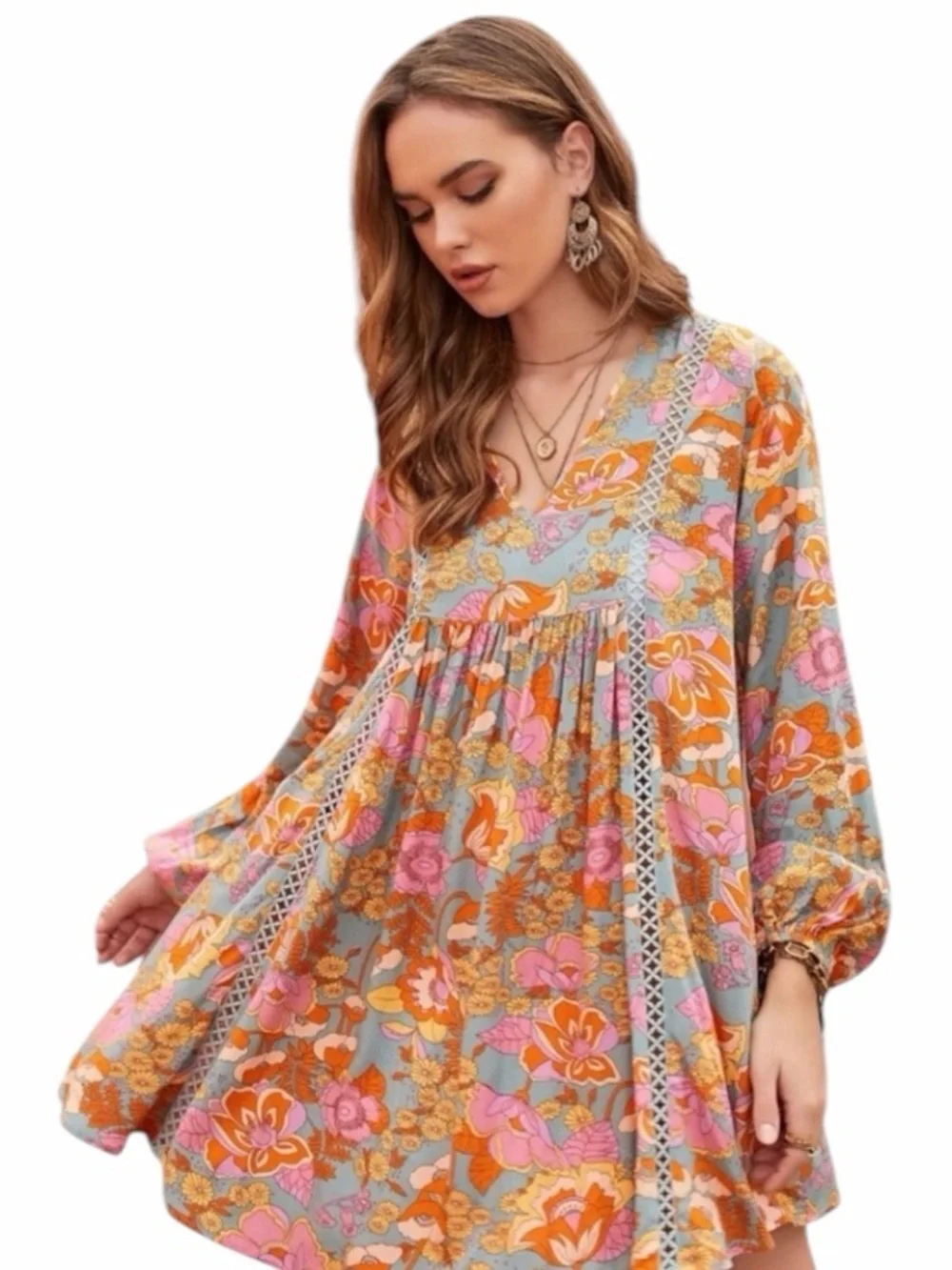 Bohemian Kaleidoscope Floral Print Mini Dress NWT - Picture 2 of 5